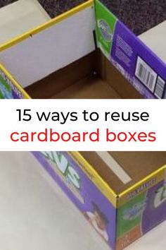 an open cardboard box with the words 15 ways to reuse cardboard boxes