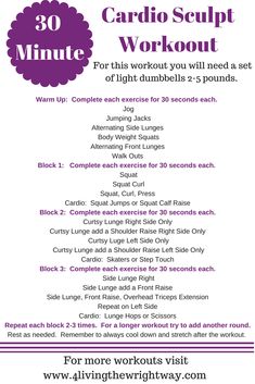 the 30 minute cardio sculpt workout plan is shown in purple and white