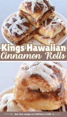 cinnamon rolls on a plate with icing drizzled over them and the words king's hawaiian cinnamon rolls