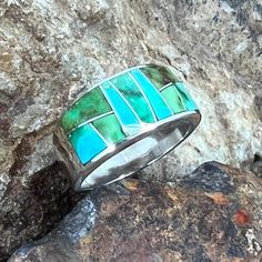 Artisan Multi-stone Turquoise Ring, Unique Turquoise Rings With Polished Finish, Unique Green Polished Turquoise Ring, Unique Green Turquoise Ring With Polished Finish, Modern Turquoise Round Jewelry, Modern Turquoise Round Ring, Modern Round Turquoise Jewelry, Unique Green Inlay Rings, Modern Turquoise Gemstone Ring