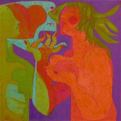 an abstract painting of two people with flowers in their hands and one holding a heart