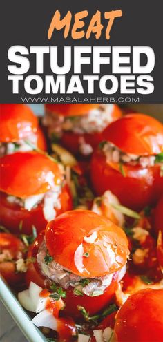 meat stuffed tomatoes with tomato sauce and parmesan cheese on top, in a baking dish