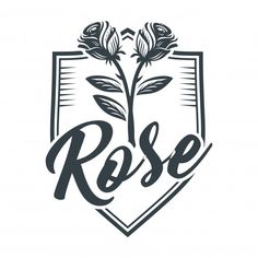 the rose logo is shown in black and white, with two roses on it's side