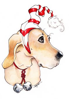 a drawing of a dog wearing a red and white hat