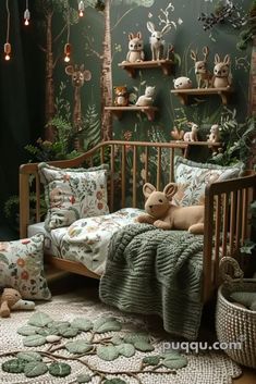 a bedroom with green walls and stuffed animals on the bed