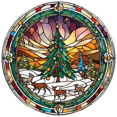 a stained glass christmas tree in the middle of a snow covered field with trees and reindeers