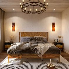 a bedroom with a large bed and lots of lights hanging from the ceiling above it