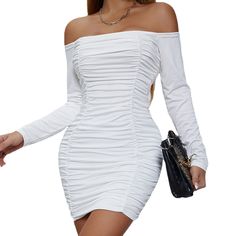 Elegant Party Dresses For Women 2023 Autumn Solid Color Long Sleeve Bag Hip Slim Sexy Vestidos Ladies Temperament Mini Dress Off-shoulder White Mini Dress For Club, Spring Backless Bodycon Evening Dress, Backless Mini Dress For Club In Spring, White Off-shoulder Mini Dress For Club, Spring Club Mini Dress Backless, Spring Club Mini Dress, Backless, Spring Off-shoulder Bodycon Dress For Party, Trendy Ruched Mini Dress For Evening, Backless Mini Dress For Going Out And Party Season