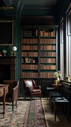 an old library filled with lots of books and leather chairs next to a table in front of a fireplace