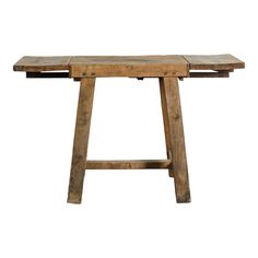 an old wooden table with one leg bent down and the other end turned backwards, on a white background