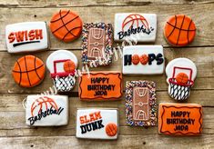 decorated cookies with basketballs, basketball hoop and dunkin'donuts on a wooden table