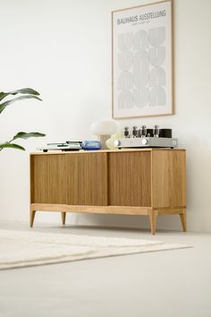 a wooden cabinet sitting next to a potted plant in a living room with a white rug on the floor