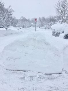 a stop sign is covered in snow on the side of a road that has been cleared off