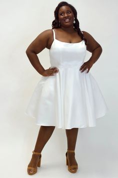 Sydney Closet SC8115 White. A-line silhouette Short Wedding Dresses Plus Size, Plus Size Aline Wedding Dress, Plus Size Bachelorette Outfit For Bride, White Satin Dress Short, Plus Size Reception Dress, Plus Size Bridal Shower Outfit, Courthouse Wedding Dress Plus Size, Plus Size Bachelorette Outfit, White Dress Short Formal