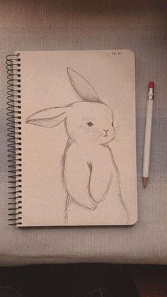 a pencil drawing of a rabbit on top of a notebook next to a white pen