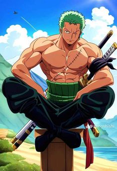 an anime character sitting on top of a wooden post with two swords in his hands