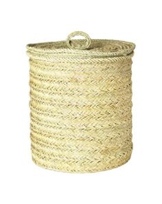 a large round basket with rope on the top and bottom, in natural color jute