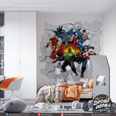 a bedroom scene with focus on the superheros breaking through the wall and bed in the foreground