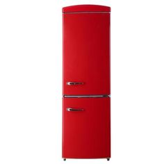 a red refrigerator freezer sitting on top of a white floor next to a wall