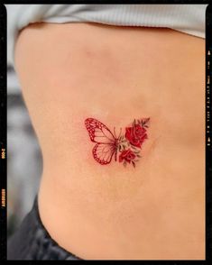 Red Butterfly Tattoo Inspiration Red Rose And Butterfly Tattoo, Red Tattoos For Women Butterfly, Red Rose Ankle Tattoo, Blue And Red Butterfly Tattoo, Red Tattoo Cover Up Ideas, Red Ink Tattoos Butterfly, Red Butterfly Tattoo Arm, Small Red Butterfly Tattoo, Butterfly Tattoo Red Ink