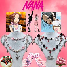 two mannequins with necklaces and other items on them