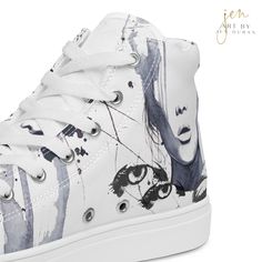 Stand out & make a statement with these Women’s High Top Canvas Shoes 🔥 WHY YOU’LL LOVE IT: ✓ 100% polyester canvas upper side ✓ Ethylene-vinyl acetate (EVA) rubber outsole ✓ Breathable lining, soft insole ✓ Faux leather top cap ✓ Padded collar, lace-up front ✓ Printed, cut, and handmade to order Made from premium materials, these durable and breathable Women’s High Top Canvas Shoes are stylish and the ideal piece for completing an outfit. Art & Design Copyright ©2024 Art By Jen Duran, All righ White Lace-up High-top Sneakers With Graphic Print, Trendy Custom Canvas Sneakers For Streetwear, High-top Canvas Shoes With Graphic Print, Custom White High-top Textile Sneakers, White High-top Custom Sneakers, Custom Canvas Low-top Sneakers, White Low-top Canvas Shoes With Graphic Print, White Graphic Print Low-top Canvas Shoes, Graphic Print Lace-up Canvas Shoes