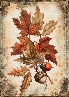 a painting of leaves and acorns on a beige background