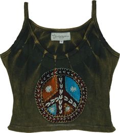 This knit cotton crop top features a distinctive peace sign applique on the front, blending bohemian style with a vintage-inspired design.  The top is rich, earthy green with subtle tie-dye, giving it a retro, laid-back vibe. #tlb #Sleeveless #Stonewash #Embroidered #vacationclothing #bohemianfashion #Handmade #JuniorPetite #Hippiepeacetop Free-spirited Cotton Tops For Fall, Fall Cotton Free-spirited Tops, Free-spirited Cotton Top For Spring, Brown Hippie Festival Tops, Bohemian Cropped Tank Top For Spring, Hippie Cotton Tank Top, Bohemian Acid Wash Cotton Tops, Hippie Brown Cotton Top, Bohemian Tie Dye Crop Top