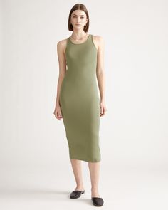 This sleeveless, scoop neck, midi-length rib knit dress is everything. So comfy and versatile, with a lot of stretch for the perfect fit.  | Quince | Women's Rib Knit Dress in Sage, Size XS, Tencel Rib Knit Dress, Camouflage Green, Travel Dress, Ribbed Knit Dress, Overlay Dress, Quince Dresses, Silk Slip, Knit Cotton, Favorite Dress