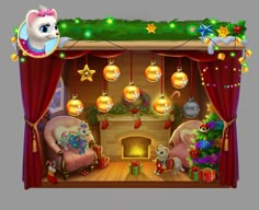 a living room decorated for christmas with decorations