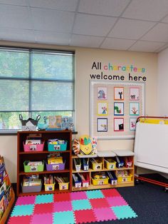 a child's playroom with toys and books