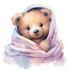 a brown teddy bear wrapped in a blanket