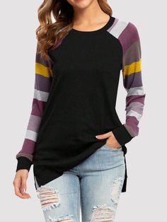 Bring some fun to your wardrobe with our Color Block Round Neck Long Sleeve T-Shirt! Made of comfortable and soft material, this shirt features a unique color block design that will add a pop of color to any outfit. The round neck and long sleeves make it perfect for any weather. Show off your playful style with this versatile shirt. Features: Basic style Sheer: Opaque Stretch: Highly stretchy Material composition: 95% polyester, 5% elastane Care instructions: Machine wash cold. Tumble dry low. Fall Crew Neck T-shirt With Splicing, Fall Splicing Crew Neck T-shirt, Casual Long Sleeve Sweater With Contrast Colors, Multicolor Color Block Top For Fall, Black Tops With Contrast Color For Layering, Black Long Sleeve Tops With Contrast Color, Black Long Sleeve Top With Contrast Color, Black Long Sleeve Sweater With Splicing, Crew Neck Cotton Tops With Color Matching