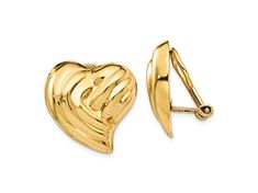 14k yellow gold non-pierced heart stud earrings. Measure approximately 11/16"L x 3/4"W. Heart-shaped Clip-on Jewelry For Formal Occasions, Formal Heart-shaped Clip-on Jewelry, Formal Heart Shaped Clip-on Jewelry, Gold Heart-shaped Clip-on Earrings For Anniversary, Heart-shaped Clip-on Jewelry For Anniversary, Formal Yellow Gold Heart Cut Earrings, Yellow Gold Clip-on Jewelry For Anniversary, Heart-shaped Clip-on Jewelry For Valentine's Day, Valentine's Day Heart-shaped Clip-on Jewelry