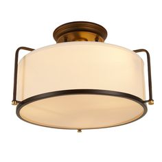 a semi flush light fixture with a white shade on the top and black metal frame