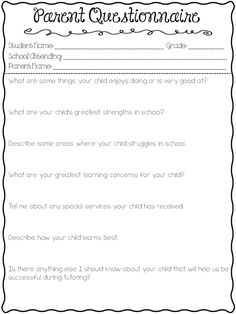 a parent question sheet with the words parent questions in black and white, on top of it