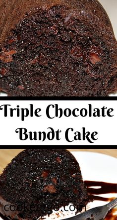 triple chocolate bundt cake on a white plate