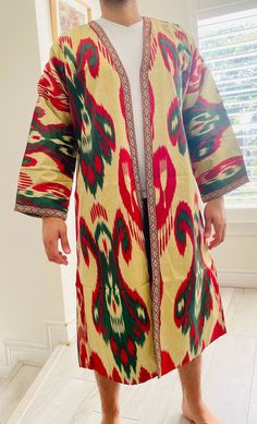 Kimono Kaftan for Burning Man and festivals Unisex One-size Made with authentic Ikat fabric Handmade by stay-at-home mothers in Istanbul, Turkey Traditional Handmade Kaftan With Kimono Sleeves, Traditional Red Kimono For Festival, Traditional Kimono With Patterns For Festival, Traditional Festival Kimono With Patterns, Traditional Long Kimono For Ceremonies, Traditional Brown Kaftan For Festival, Festive Traditional Ikat Print Kaftan, Traditional Brown Kimono For Festival, Traditional Green Kimono For Festivals