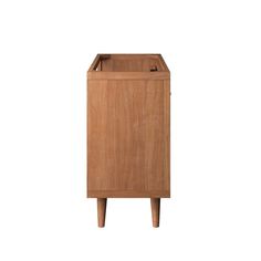 a wooden cabinet with two legs and a drawer on one side, against a white background