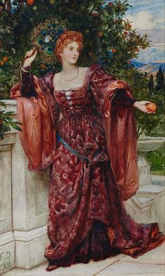 a painting of a woman in a red dress holding an orange on her left hand