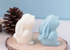 two soap bears sitting next to each other on a wooden slice with pine cones in the background