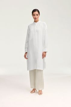 Linen Longline Button Down Cover Up Top - White Clothing Veiled Spring Workwear Tunic With Buttons, Chic Linen Tunic For Vacation, Chic Button-up Tunic For Spring, Chic Spring Button-up Tunic, Spring Elegant Oversized Tunic, Chic Linen Button-up Dress For The Beach, Chic Button-up Linen Dress For The Beach, Spring Workwear Tunic With Shirttail Hem, Oversized Summer Tunic For Workwear