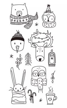 hand drawn doodles with animals and winter items on them, including hats, mittens