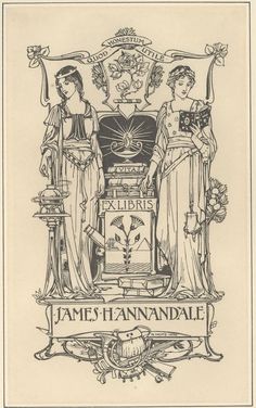 an old drawing of two women standing in front of a coat of arms with the words james & hannahdale on it