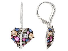 Bella Luce® lab created ruby, lab created multi color sapphire, lab created blue spinel, lab created green spinel, champagne, and white diamond simulants 3.38ctw oval, marquise, and round, rhodium over sterling silver heart earrings. Earrings measure approximately 1.19" L x 0.56" W and have leverback backings. Fine Jewelry Multicolor With Accent Stones, Fine Jewelry With Multicolor Accent Stones, Multicolor Fine Jewelry With Prong Setting, Multicolor Diamond Accented Jewelry For Anniversary, Multicolor Diamond Jewelry With Prong Setting, Multicolor Diamond Accents Jewelry For Anniversary, Multi-stone Diamond Dangle Jewelry, Multicolor Diamond Gemstone Earrings, Multicolor Cubic Zirconia Dangle Jewelry