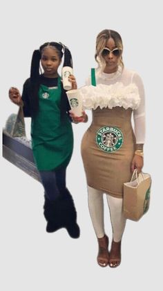 two women dressed up in starbucks outfits