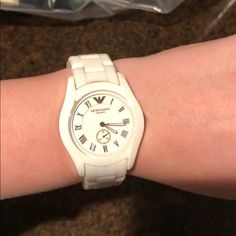 Good Condition Comes With Extenders Classic White Watches With Bracelet Strap, Formal White Watches With Bracelet Strap, Timeless White Watch With Bracelet Strap, Formal White Watch With Bracelet Strap, Elegant White Watch With Bracelet Strap, Elegant White Watches With Bracelet Strap, Elegant White Analog Watch, Designer White Quartz Watch, Womens Armani Watch