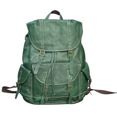 This is a backpack with lots of space. Combining a vintage look with high-quality materials, the genuine leather rucksack provides the perfect size and space for your everyday commute needs. It features wide shoulder straps, a laptop sleeve, side pockets and brass metal parts.   This unisex bag is made to last. Outer 100% vegetable tanned, worn look, genuine cowhide leather. Inner 100% cotton cloth lined. This is a Unisex bag.  Wipe clean with damp cloth.  Use professional leather caring kit. Vintage Leather Everyday Backpack, Luxury Waxed Leather Backpack For Daily Use, Vintage Green Backpack For Everyday Use, Vintage Soft Leather Standard Backpack, Vintage Soft Leather Backpack, Vintage Backpack With Leather Lining For Everyday Use, Vintage Soft Leather Backpack For Travel, Vintage Soft Leather Travel Backpack, Classic Green Backpack For Everyday