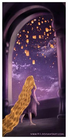 a painting of a girl looking at lanterns in the sky