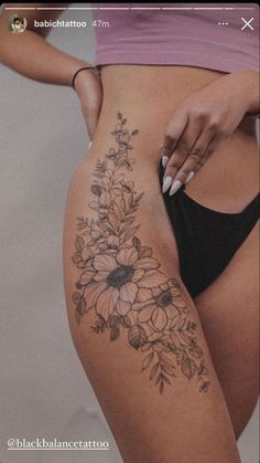 Girly Front Thigh Tattoos, Bouquet Hip Tattoo, Thigh To Rib Tattoo Women, Down The Hip Tattoo, Thigh To Stomach Tattoos Women, Big Flower Hip Tattoo, Boho Hip Tattoo, Long Side Tattoos Women, Hip To Rib Tattoos For Women